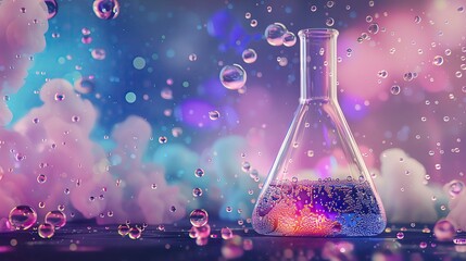 Chemical reaction in a lab beaker, colorful abstract fumes and bubbles, scientific experimentation