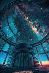 Astronomical observatory under starry skies, abstract cosmic patterns, exploring the universe
