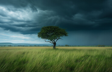 A lone acacia tree stands resilient against the dramatic backdrop of stormy skies, highlighting the stark beauty of the savannah.