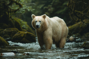 Obraz premium An albino bear's rare and striking presence is captured as it traverses a forest stream, surrounded by rich, dark greenery.