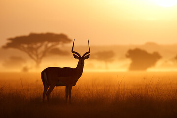 The silhouette of an impala stands proudly on the savannah, bathed in the glow of the setting sun, a quintessential African scene.