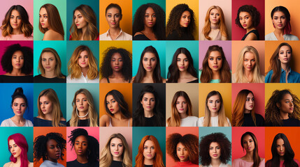A grid of 18 headshots of women of various ethnicities and ages.

 - obrazy, fototapety, plakaty