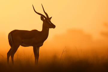 Fototapeta premium In the soft twilight, an impala stands alert amidst the grasslands, its form illuminated by the golden hues of the fading African sun.