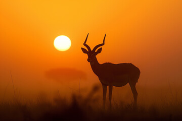 A solitary impala is etched against the backdrop of a radiant sunset, capturing a serene moment on the African grasslands.