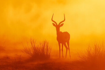 An impala stands silhouetted against the fiery orange of a dust-filled sunset, embodying the wild spirit of the African savannah at day’s end.