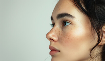 A delicate side profile of a contemplative woman with freckles, showcasing her natural skin texture and a soft gaze into the distance.