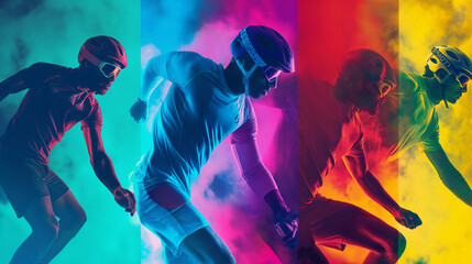 Four runners in colorful uniforms race against each other.


