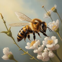 bee pollinates flowers on a blue sky background, vintage toned. Generative AI