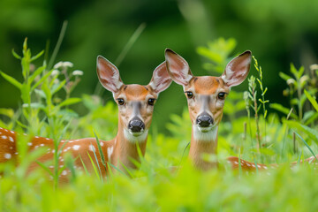 Two alert fawns with white spots and large ears stand amidst lush greenery, showcasing the innocence and beauty of wildlife.