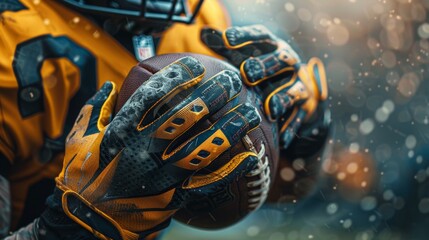 Close-up of a receiver's glove gripping a football in dynamic action under stadium lights