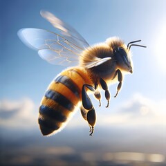 Honeybee flying in the blue sky. Close-up. Generative AI