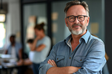 Confident mature businessman with glasses and a denim shirt, arms crossed, in an office setting with team members in the background.