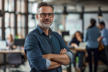 Fototapeta premium A distinguished middle-aged businessman stands confidently with arms crossed in a bustling office environment, his smile reflecting experience and assurance.