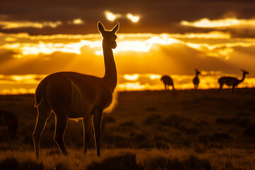 A guanaco's silhouette is captured against the backdrop of a dramatic sunset, with golden hues outlining its tranquil presence.