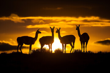 Silhouetted against a fiery sunset sky, a group of llamas stand in profile on the horizon, embodying the tranquil end of a day in the wild.