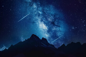 The Milky Way dazzles in the night sky above a stark silhouette of jagged mountain peaks, with a shooting star streaking by. - obrazy, fototapety, plakaty