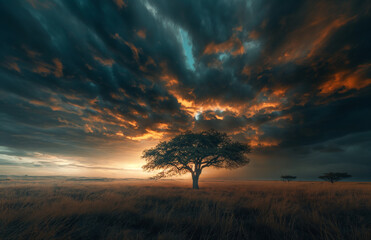 A lone tree stands defiant against a dramatic backdrop of stormy skies, lit by a fleeting glimpse of the setting sun.