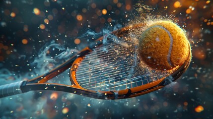 Tennis ball on racket with water droplets captured in a high-speed close-up shot
