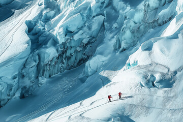 A pair of climbers journey across a glacier, surrounded by dramatic ice formations under the bright alpine sun.
