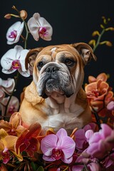 Obraz premium An English bulldog sitting stoically among a spray of orchids, looking regal
