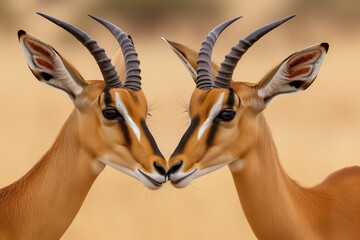 Two impalas engage in a tender moment, their symmetrical horns and gentle gaze against the golden savannah create a portrait of wildlife grace.