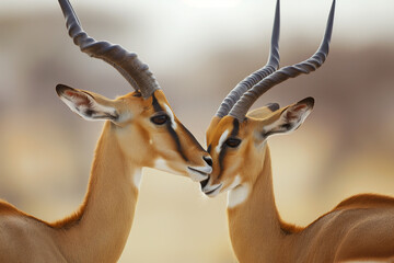 Two impalas engage in a tender moment, their symmetrical horns and gentle gaze against the golden...