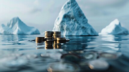 An iceberg, with its tip made of coins and its submerged part of complex financial instruments - obrazy, fototapety, plakaty