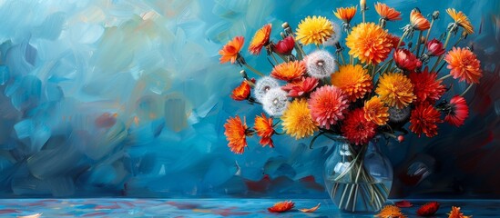 A curious feline is seated on a wooden table beside a colorful painting depicting a bouquet of blooming flowers in a lovely vase