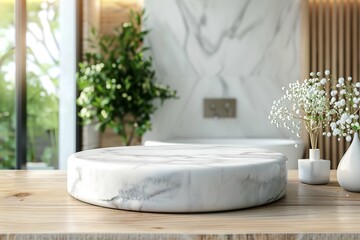 Close shot of a marble white podium on a clean surface with lots of indoor plants around of it perfect for beauty type product backdrop or advertisement, Generative AI.