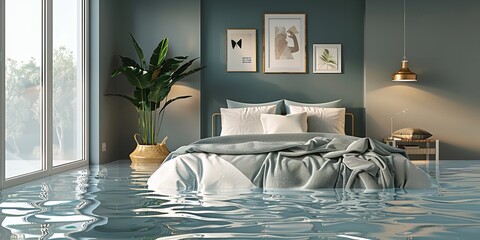 A bed room flooded with full of water a concept of natural disaster with a big space for text or product advertisement, Generative AI.