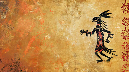 kokopelli folk  sacred symbols and motifs from Native American cultures with copy space.