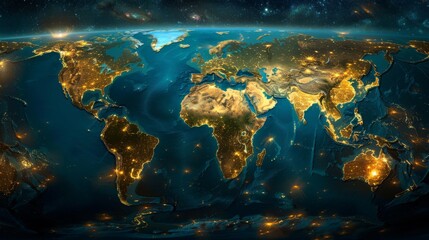 A beautiful depiction of the Earth at night, showing the lights of cities and towns.