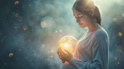 A beautiful pregnant woman holding a glowing ball of light in her hands - obrazy, fototapety, plakaty