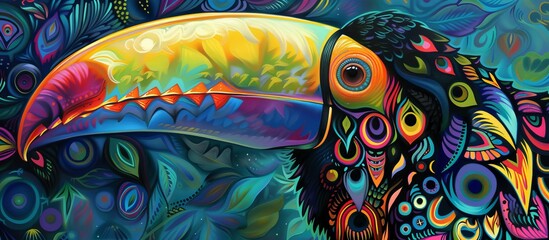 Naklejka premium Vibrant painting of a toucan with a strikingly large beak showcasing its vivid plumage and distinctive features