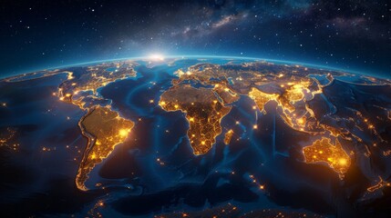 A beautiful view of Earth from space at night, showing the lights of cities and towns.