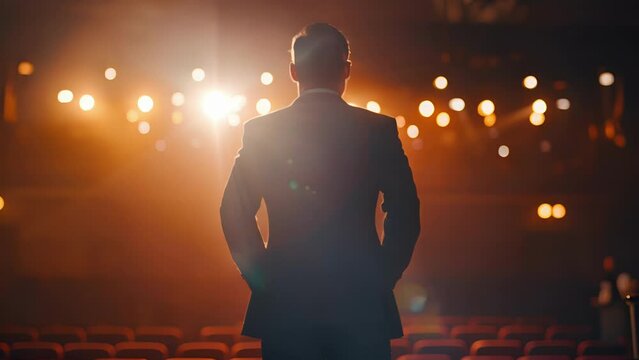 A man in a sharp suit stands with his hands in his pockets his back to the camera as he looks up at the stage with a contemplative . .