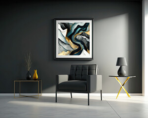 interior design of a minimalism living room with sofa and table, square painting, pendant lights, hanging lamps, decor painting, wall art, simplicity, plant, grey, green, gold, 3d, AI