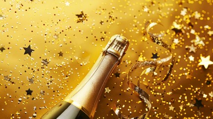 A bottle of champagne with gold confetti and stars on a gold background. - obrazy, fototapety, plakaty