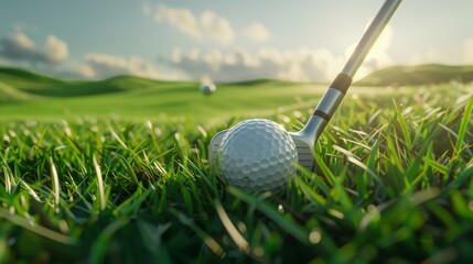 A close up of a golf ball on a tee with the club just hitting it on a golf course with the sun rising in the background. - obrazy, fototapety, plakaty