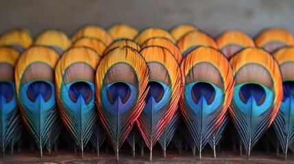 Close-up of a stunning array of peacock feathers, showcasing vibrant hues and natural patterns. Generative AI