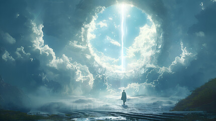in the center of an enormous circular portal is a vast expanse of white couds, and above ti is a bright beam of light shing down on earth. a person stands at its edge looking up towards heaven 