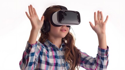Young asian woman wearing vr headset enthusiastically raising her hand, woman using virtual reality or metaverse innovation for 3d simulation