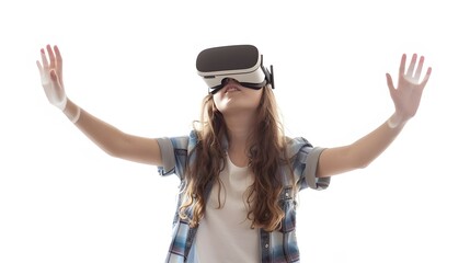 Enthusiastic young asian woman donning vr headset raises hand, exploring virtual reality or metaverse for immersive 3d experience
