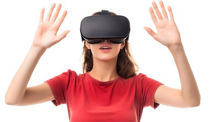 Eager young asian woman dons vr headset, enthusiastically raising hand to explore virtual reality or metaverse for 3d discovery