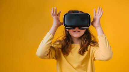 Enthused young asian woman with vr headset raises hand in excitement, navigating virtual reality or metaverse for 3d journey
