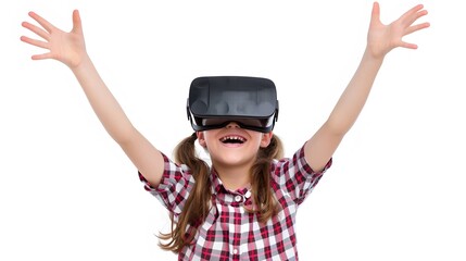 Animated young asian woman wearing vr headset raises hand with enthusiasm, embracing virtual reality or metaverse for 3d immersion