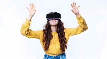 Excited young asian woman with vr headset raises hand eagerly, engaging with virtual reality or metaverse for 3d connection