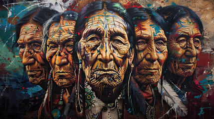 abstract art face of an old Native American Indians. - obrazy, fototapety, plakaty