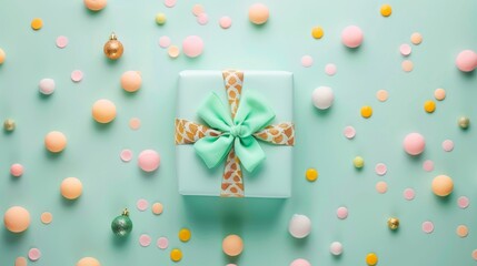 Top view of a beautifully wrapped Christmas gift in pastel colors with mint-colored and deep yellow trinkets, isolated on a solid pastel background, studio lighting