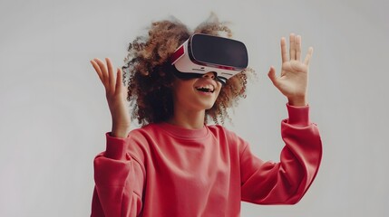 Enthusiastic young asian woman wearing vr headset lifts hand with anticipation, experiencing virtual reality or metaverse for 3d involvement
